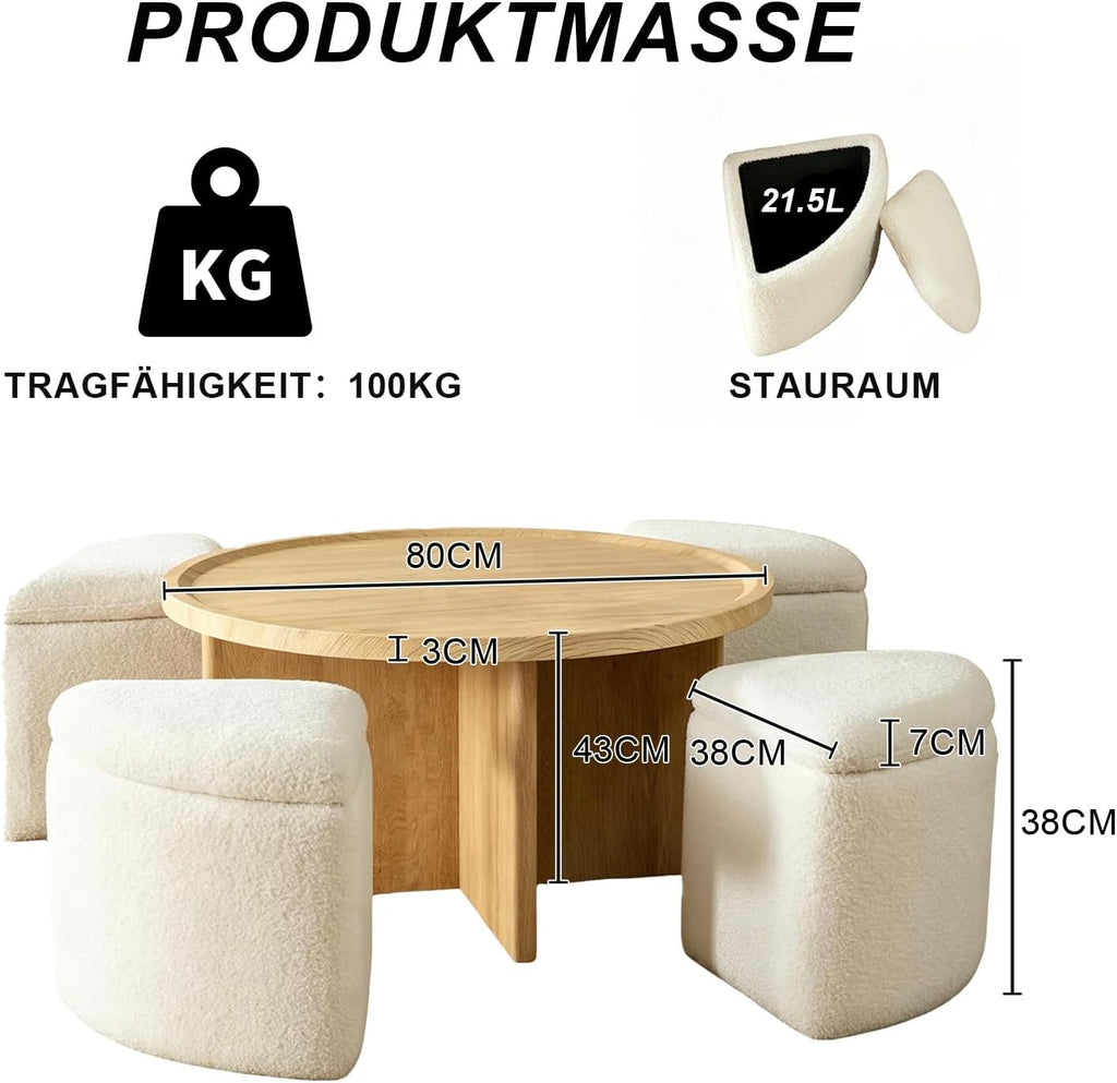 Runder Couchtisch mit 4 Hockern und Stauraum, Platzsparender Sofatisch mit Verstecktem Stauraum, Wohnzimmertisch für Kleine Räume