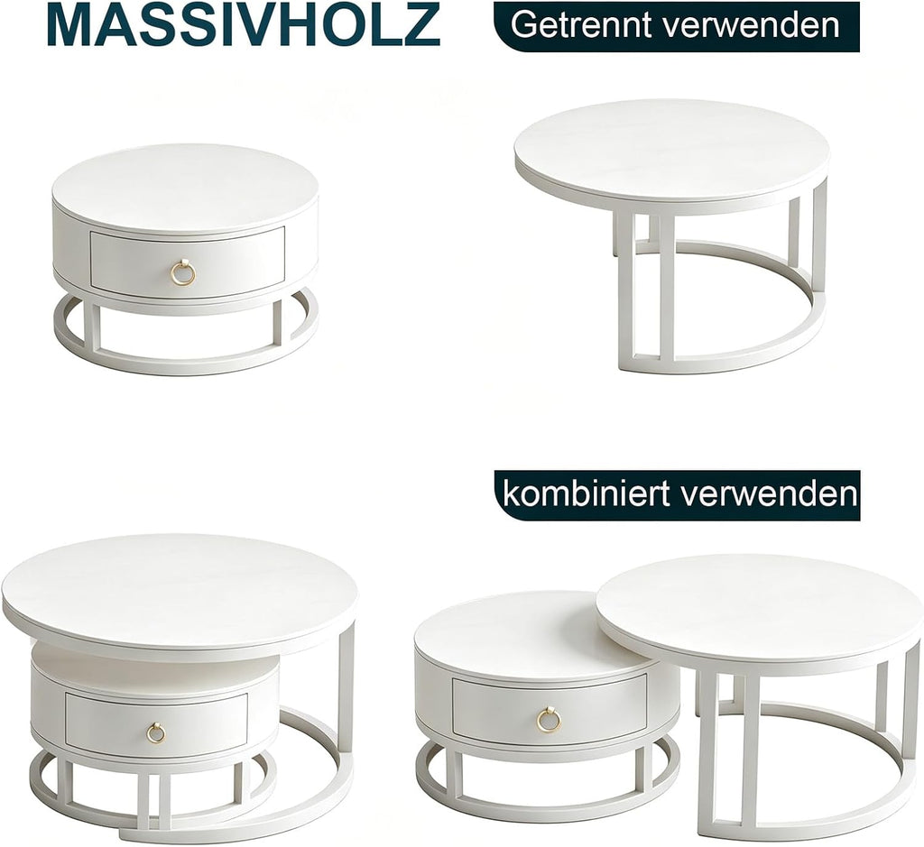 Rund Satztische Couchtisch 2er Set mit Stauraum, Weißer Wohnzimmertisch