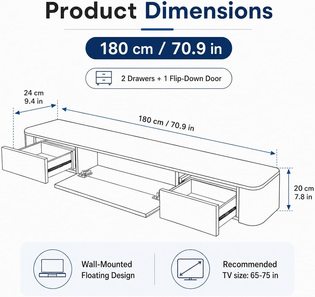 Fernsehschrank Schwebend 240cm TV Lowboard Hängend Mit Großem Stauraum Modernes TV Board Wandmontage Für Wohnzimmer Schlafzimmer Esszimmer Und Fernseher Von 43 Bis 95 Zoll(Wood,180cm)