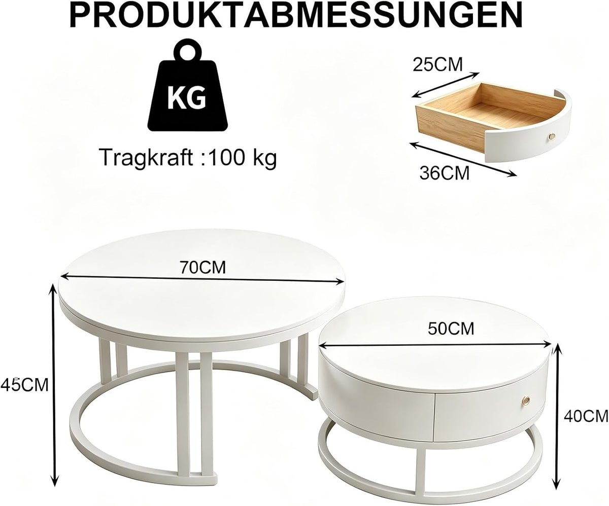 Rund Satztische Couchtisch 2er Set mit Stauraum, Weißer Wohnzimmertisch
