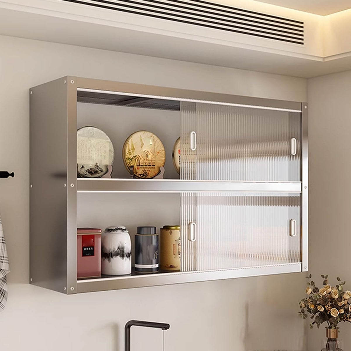 Mehrzweckschrank Hängeschrank Küche Mit Transparenten Schiebetüren Materialien: Edelstahl und Acryl Zwei Montagemöglichkeiten Tragkraft Pro Ebene: 25 Kg Schrank Küche(120 * 30 * 40cm)