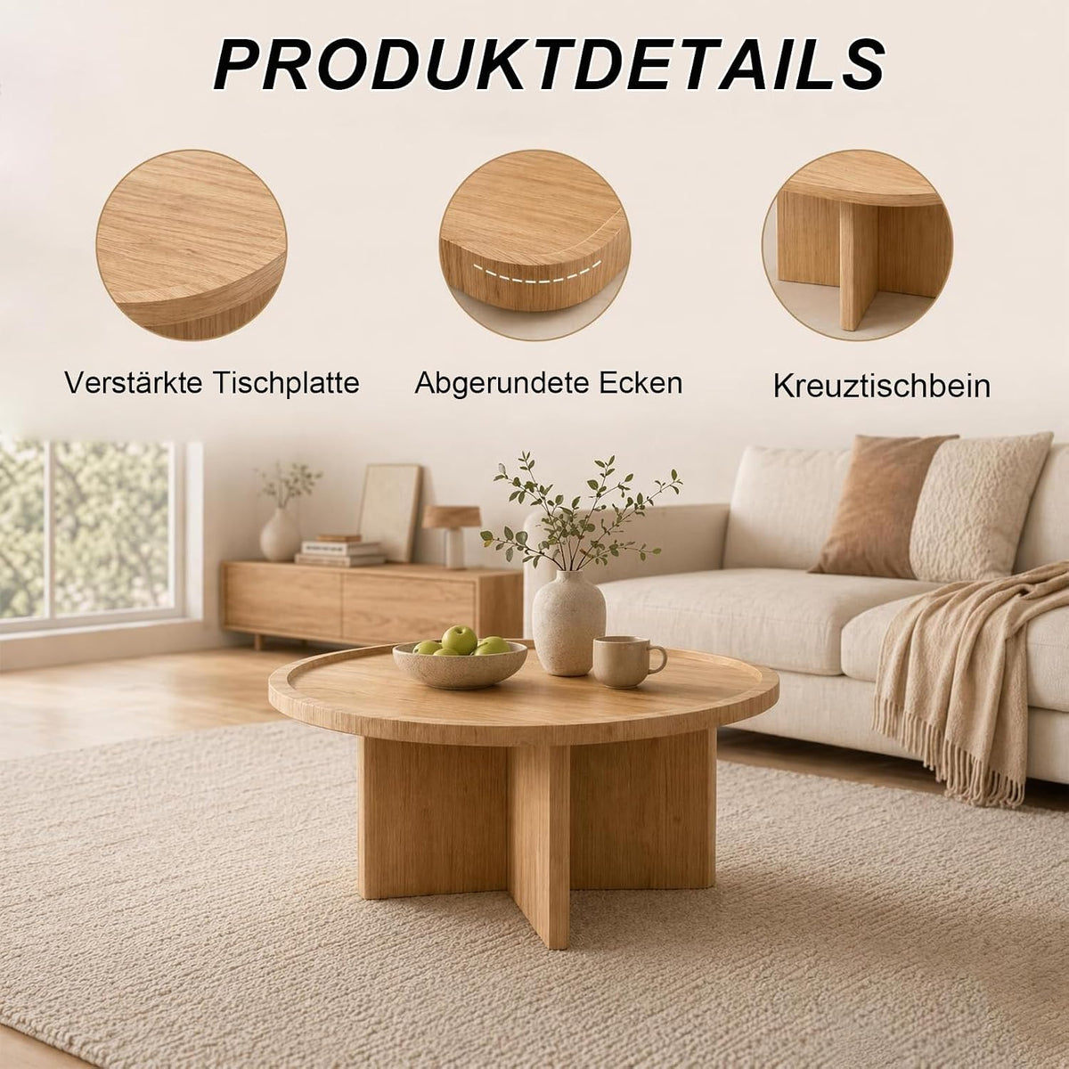 Runder Couchtisch mit 4 Hockern und Stauraum, Platzsparender Sofatisch mit Verstecktem Stauraum, Wohnzimmertisch für Kleine Räume