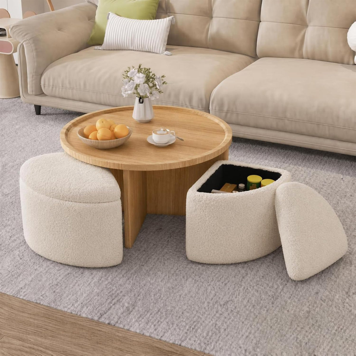 Runder Couchtisch mit 4 Hockern und Stauraum, Platzsparender Sofatisch mit Verstecktem Stauraum, Wohnzimmertisch für Kleine Räume