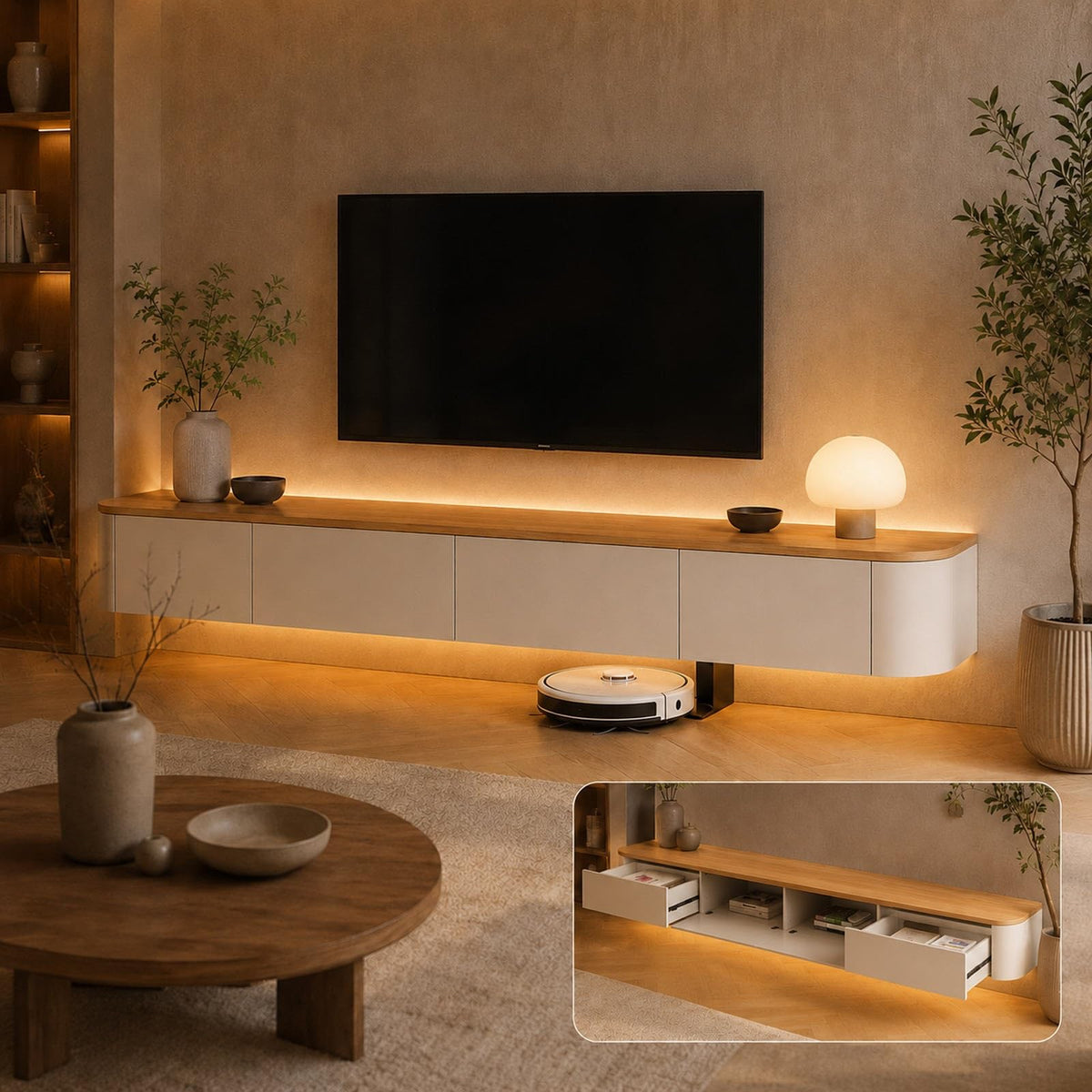 Fernsehschrank Schwebend 240cm TV Lowboard Hängend Mit Großem Stauraum Modernes TV Board Wandmontage Für Wohnzimmer Schlafzimmer Esszimmer Und Fernseher Von 43 Bis 95 Zoll(Wood,180cm)