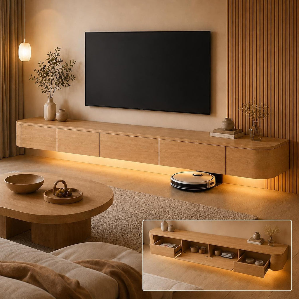 Fernsehschrank Schwebend 240cm TV Lowboard Hängend Mit Großem Stauraum Modernes TV Board Wandmontage Für Wohnzimmer Schlafzimmer Esszimmer Und Fernseher Von 43 Bis 95 Zoll(Wood,180cm)
