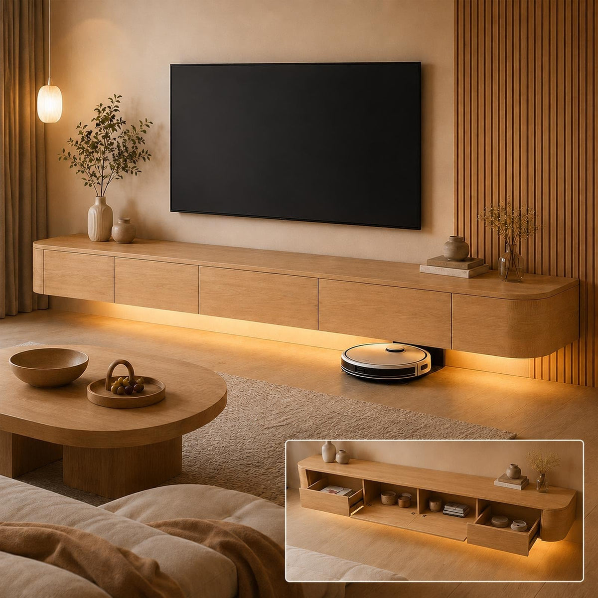 Fernsehschrank Schwebend 240cm TV Lowboard Hängend Mit Großem Stauraum Modernes TV Board Wandmontage Für Wohnzimmer Schlafzimmer Esszimmer Und Fernseher Von 43 Bis 95 Zoll(Wood,180cm)