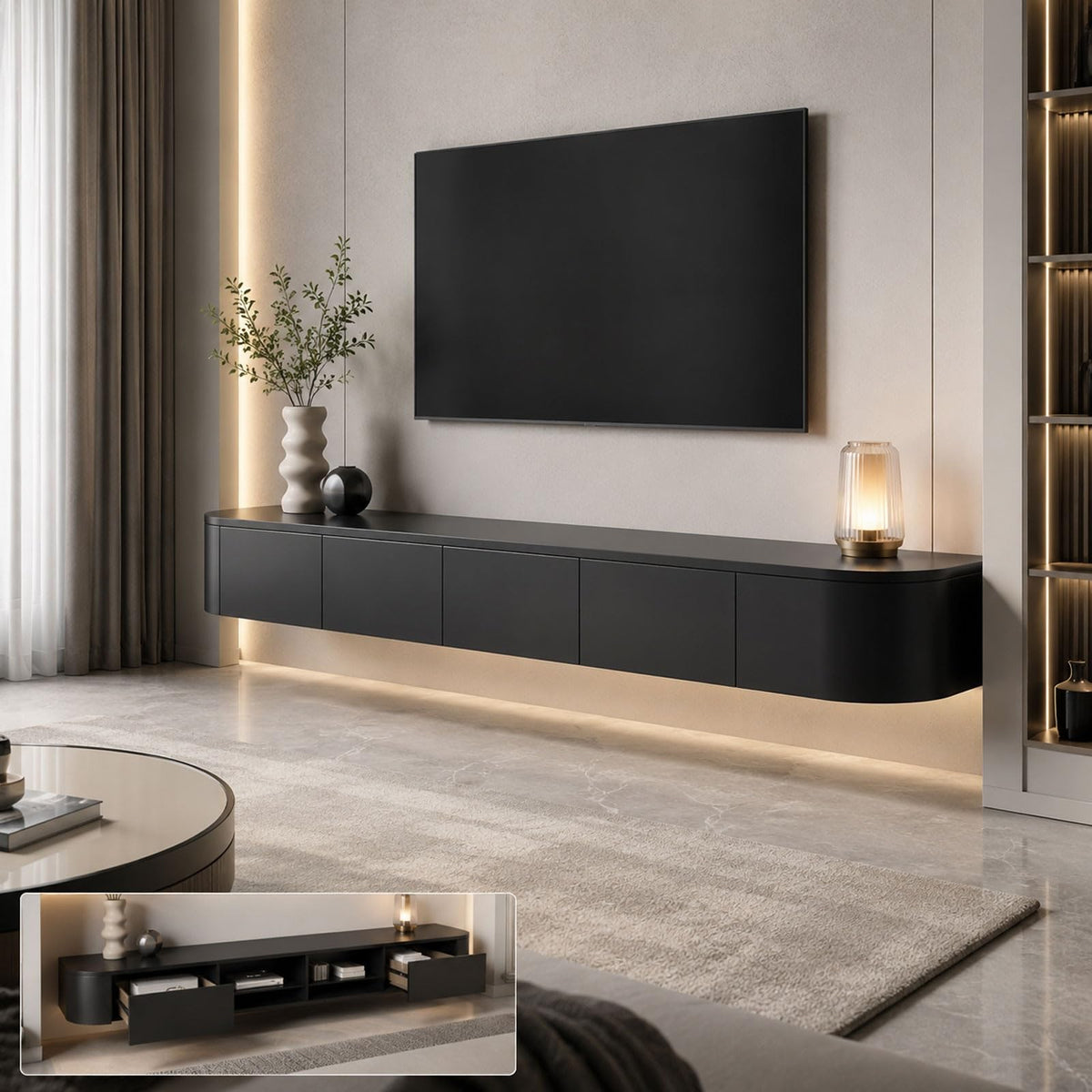 Fernsehschrank Schwebend 240cm TV Lowboard Hängend Mit Großem Stauraum Modernes TV Board Wandmontage Für Wohnzimmer Schlafzimmer Esszimmer Und Fernseher Von 43 Bis 95 Zoll(Wood,180cm)