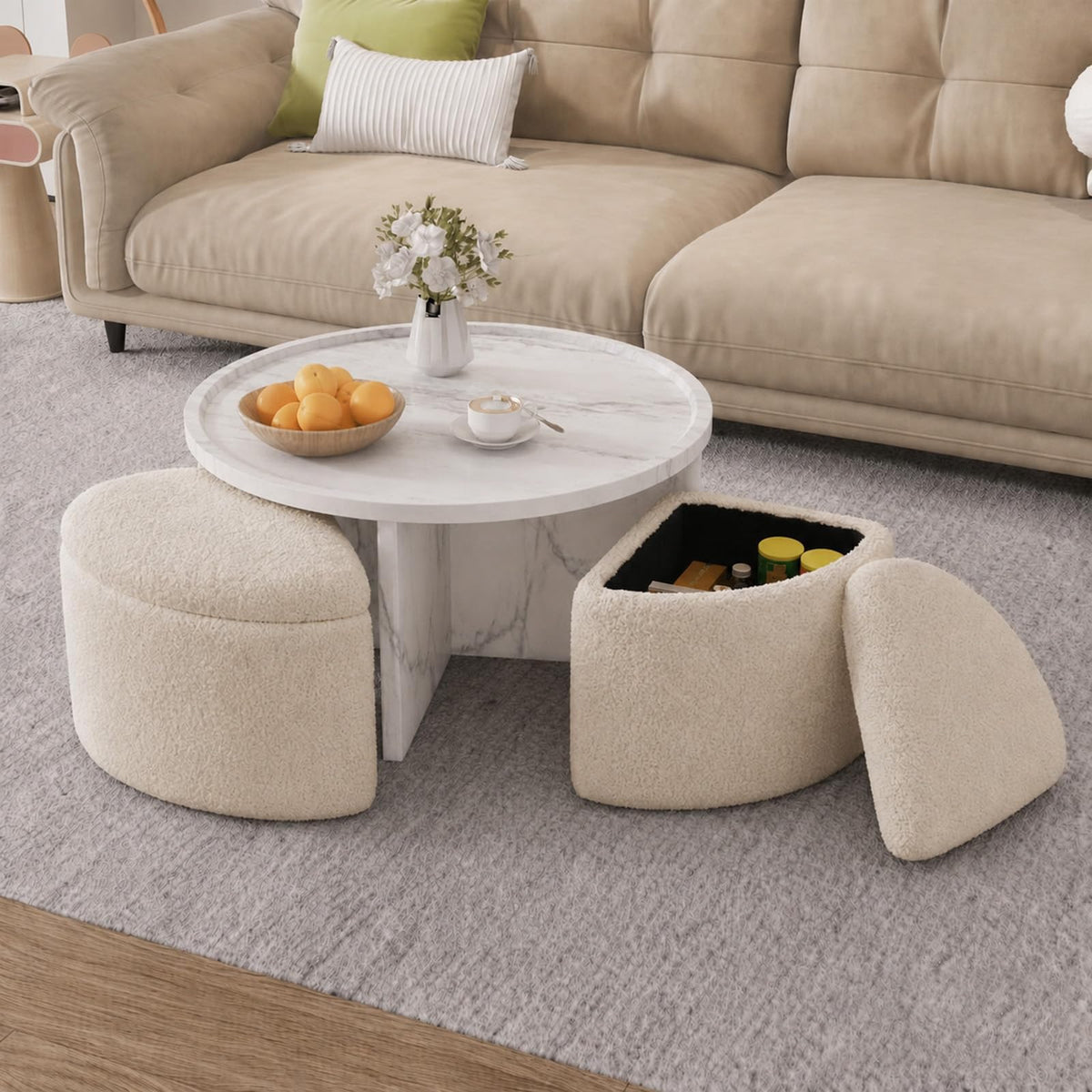 Runder Couchtisch mit 4 Hockern und Stauraum, Platzsparender Sofatisch mit Verstecktem Stauraum, Wohnzimmertisch für Kleine Räume