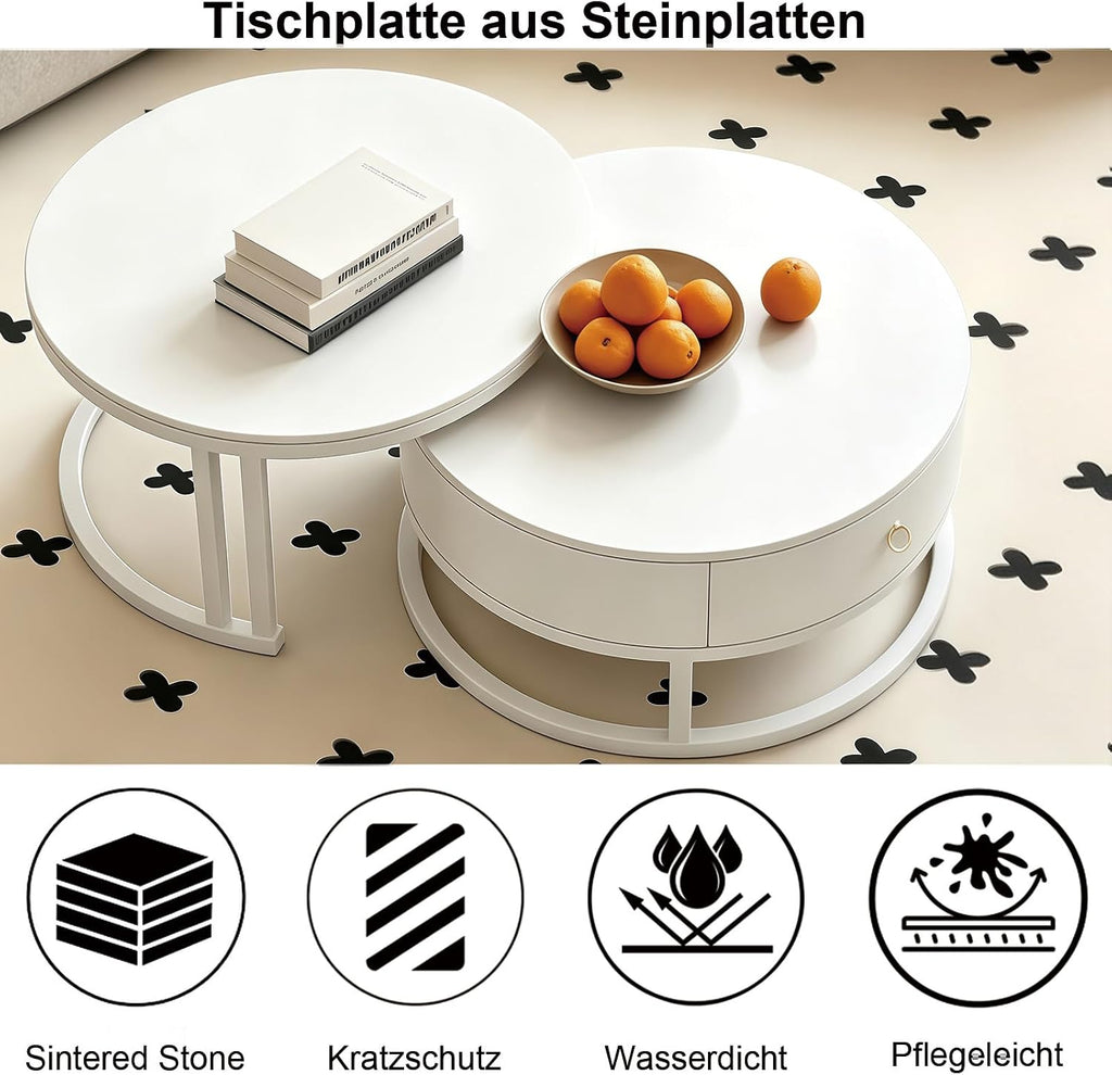Rund Satztische Couchtisch 2er Set mit Stauraum, Weißer Wohnzimmertisch