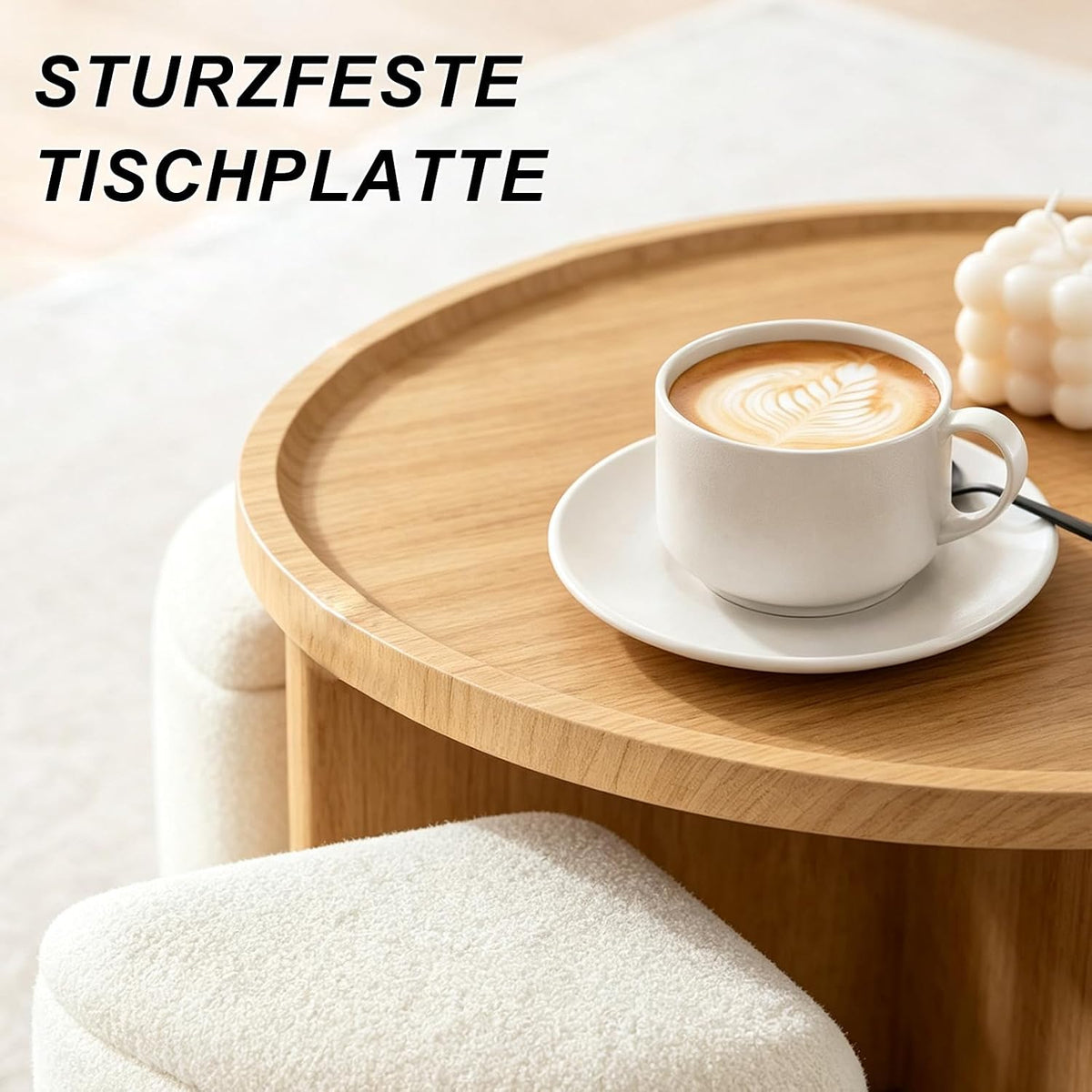 Runder Couchtisch mit 4 Hockern und Stauraum, Platzsparender Sofatisch mit Verstecktem Stauraum, Wohnzimmertisch für Kleine Räume