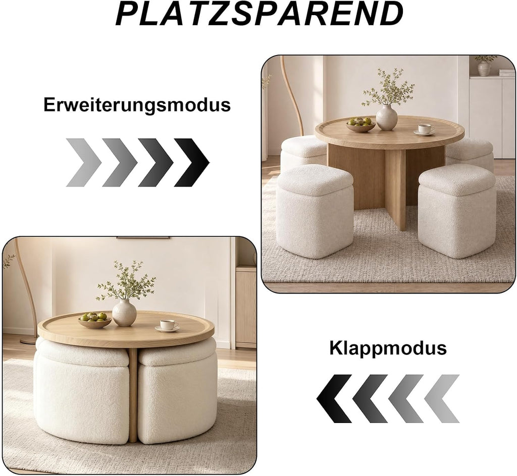 Runder Couchtisch mit 4 Hockern und Stauraum, Platzsparender Sofatisch mit Verstecktem Stauraum, Wohnzimmertisch für Kleine Räume