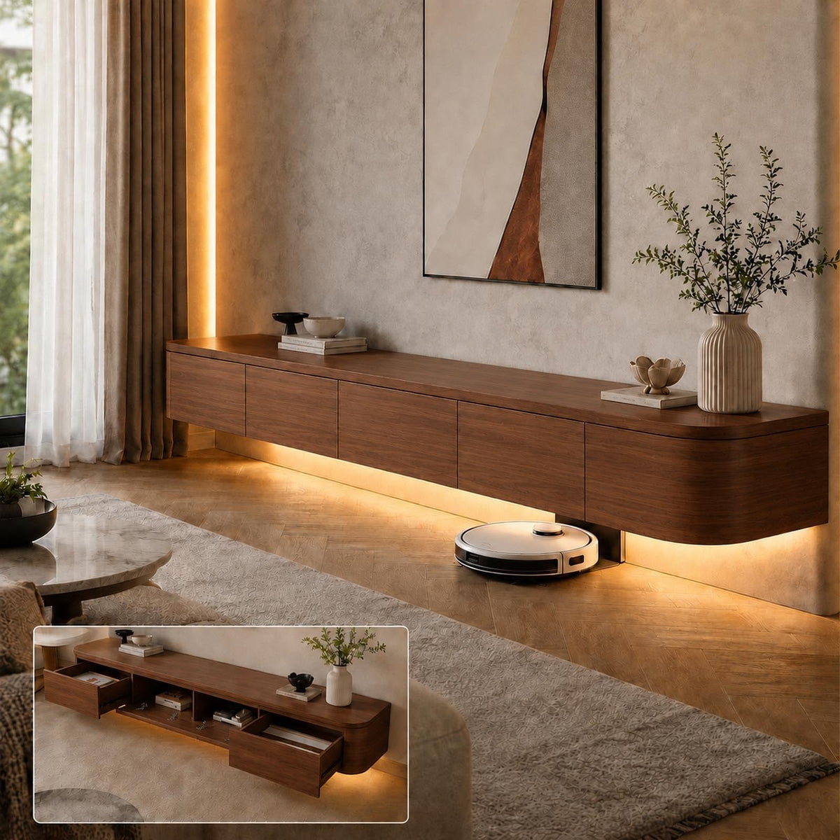 Fernsehschrank Schwebend 240cm TV Lowboard Hängend Mit Großem Stauraum Modernes TV Board Wandmontage Für Wohnzimmer Schlafzimmer Esszimmer Und Fernseher Von 43 Bis 95 Zoll(Wood,180cm)