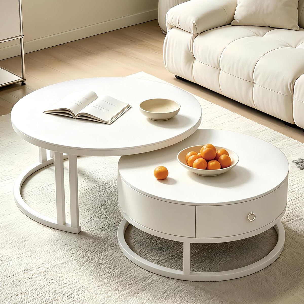 Rund Satztische Couchtisch 2er Set mit Stauraum, Weißer Wohnzimmertisch