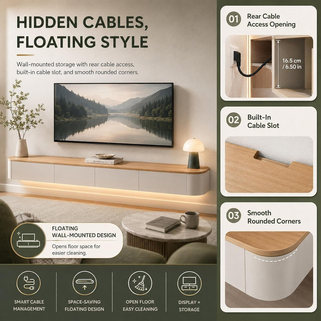 Fernsehschrank Schwebend 240cm TV Lowboard Hängend Mit Großem Stauraum Modernes TV Board Wandmontage Für Wohnzimmer Schlafzimmer Esszimmer Und Fernseher Von 43 Bis 95 Zoll(Wood,180cm)