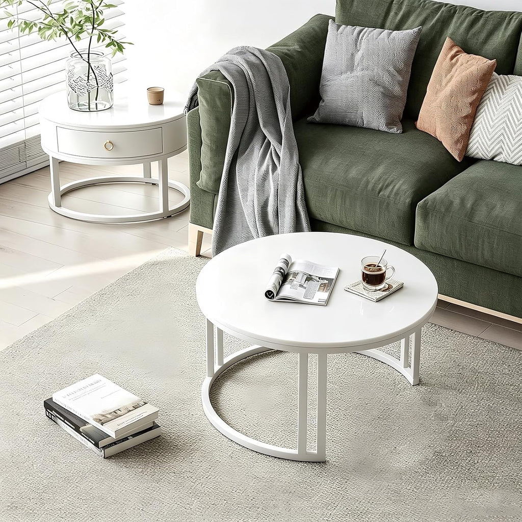 Rund Satztische Couchtisch 2er Set mit Stauraum, Weißer Wohnzimmertisch