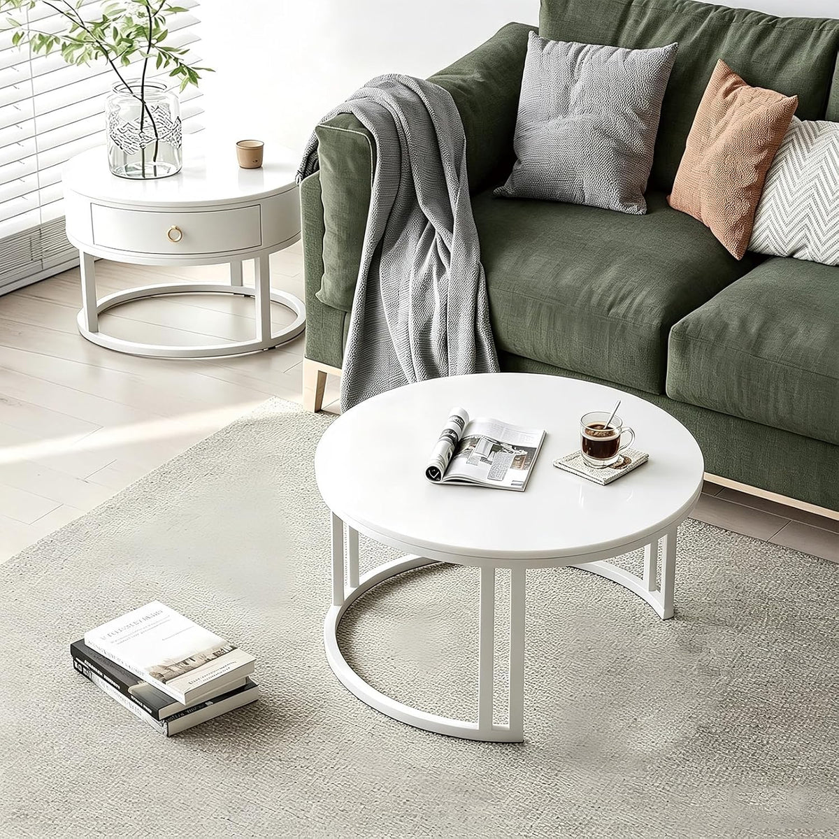 Rund Satztische Couchtisch 2er Set mit Stauraum, Weißer Wohnzimmertisch