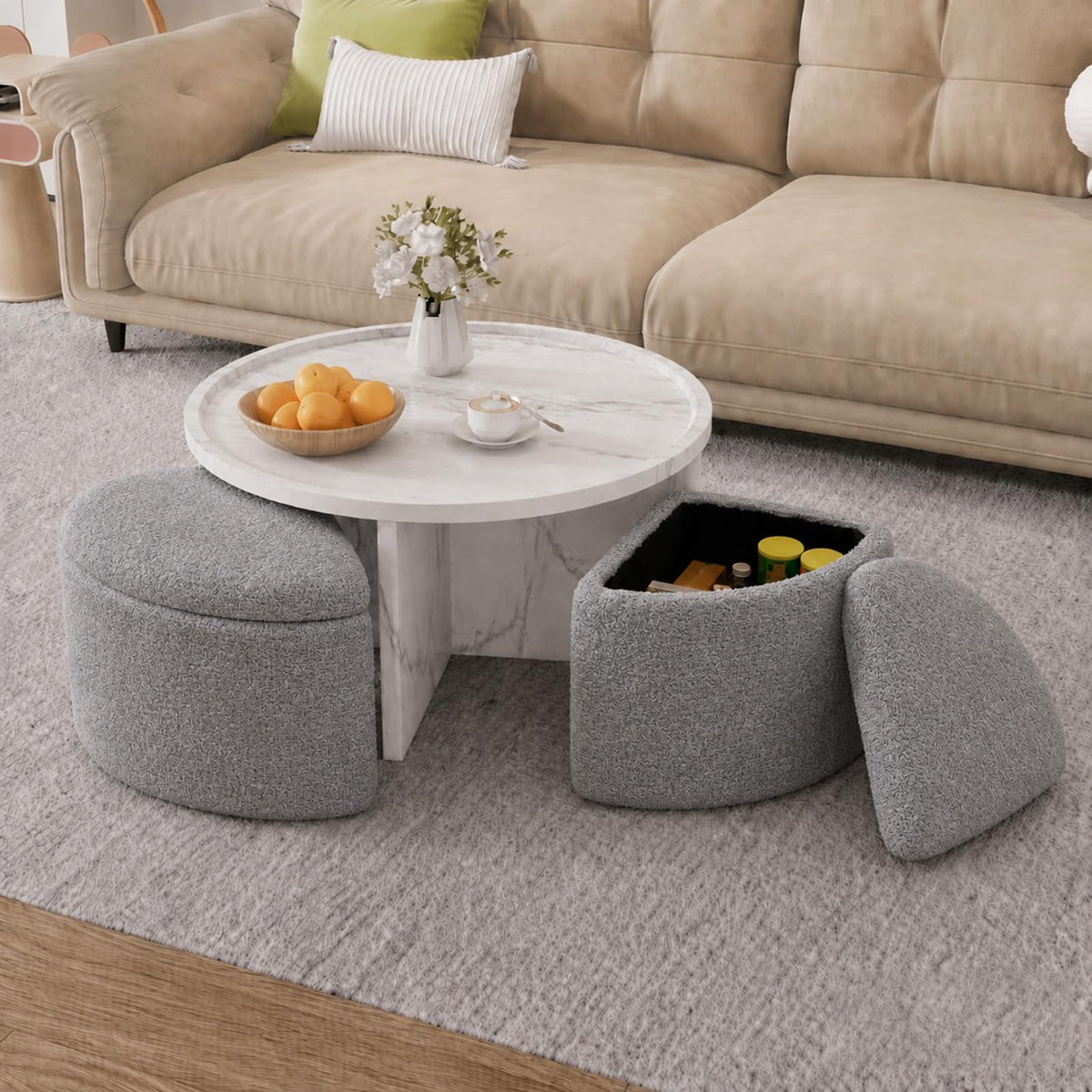 Runder Couchtisch mit 4 Hockern und Stauraum, Platzsparender Sofatisch mit Verstecktem Stauraum, Wohnzimmertisch für Kleine Räume