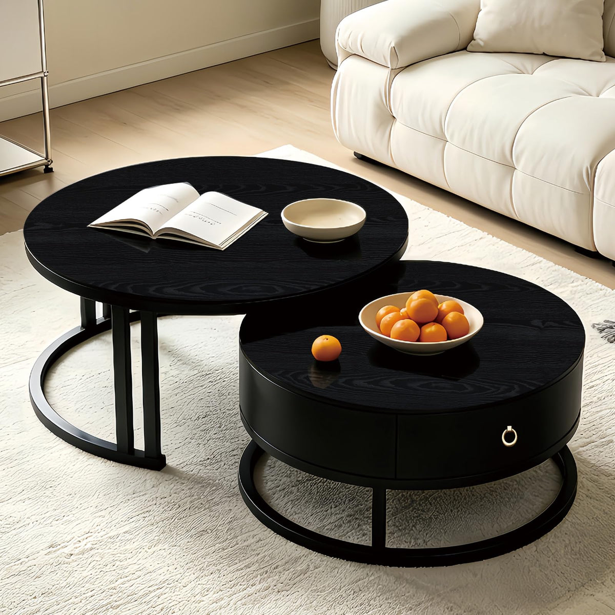 Rund Satztische Couchtisch 2er Set mit Stauraum, Weißer Wohnzimmertisch