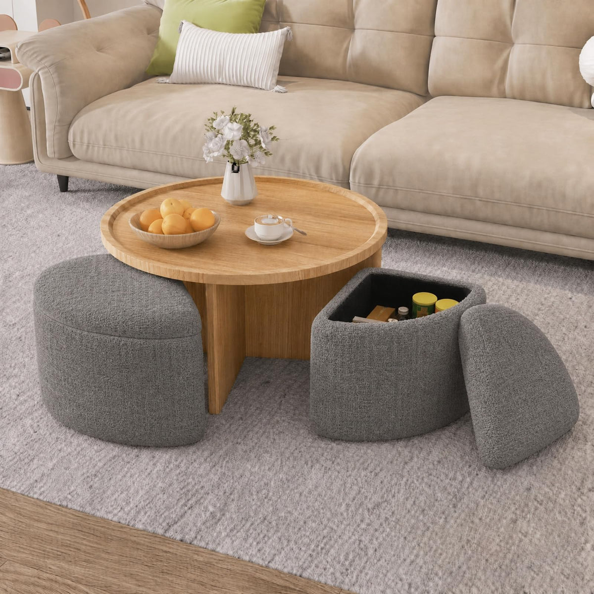 Runder Couchtisch mit 4 Hockern und Stauraum, Platzsparender Sofatisch mit Verstecktem Stauraum, Wohnzimmertisch für Kleine Räume