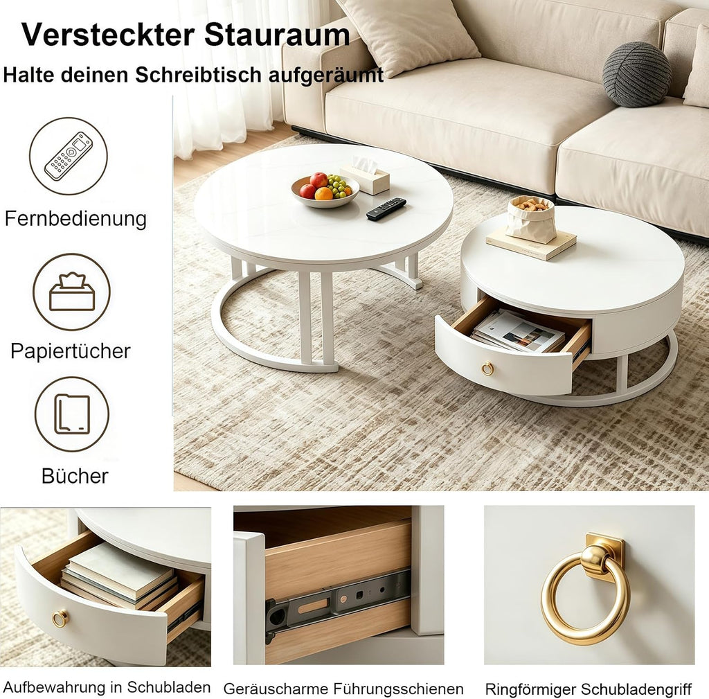 Rund Satztische Couchtisch 2er Set mit Stauraum, Weißer Wohnzimmertisch