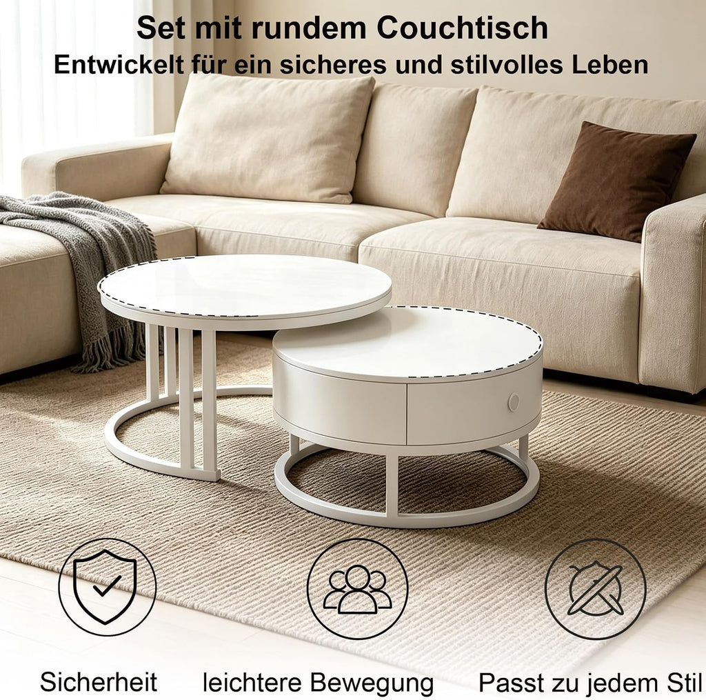 Rund Satztische Couchtisch 2er Set mit Stauraum, Weißer Wohnzimmertisch